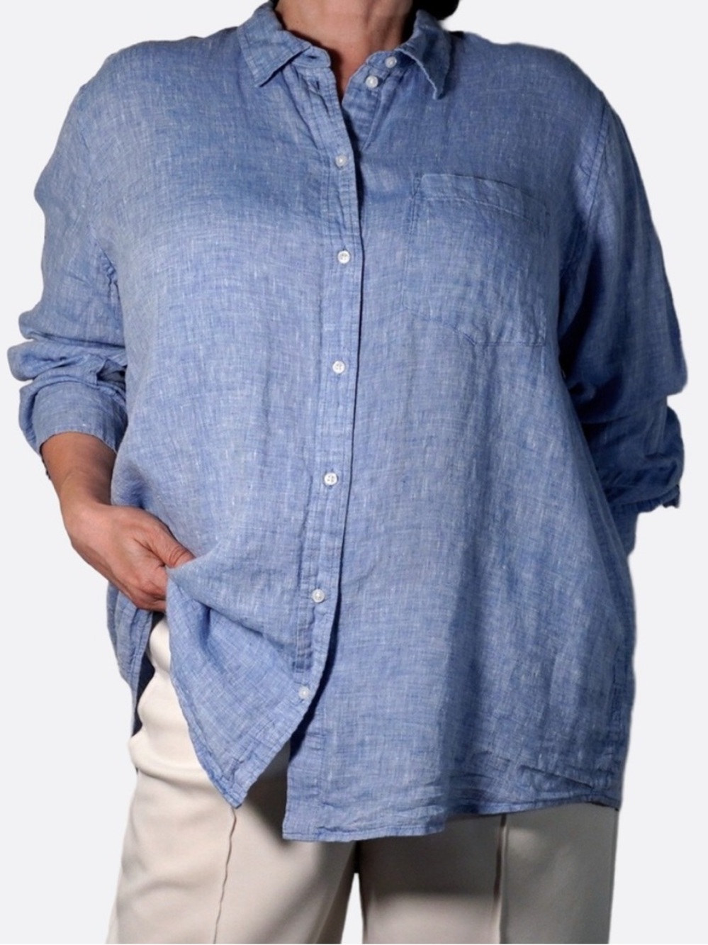 GAP 100% Linen Button Down Shirt Blue Plus XXL 2X Long Sleeve Relaxed Fit